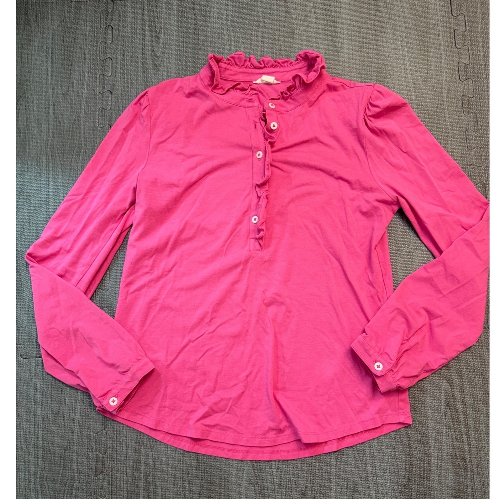 Caslon Womens Pink Ruffle Neck Long Sleeve Henley Knit Top Size Medium